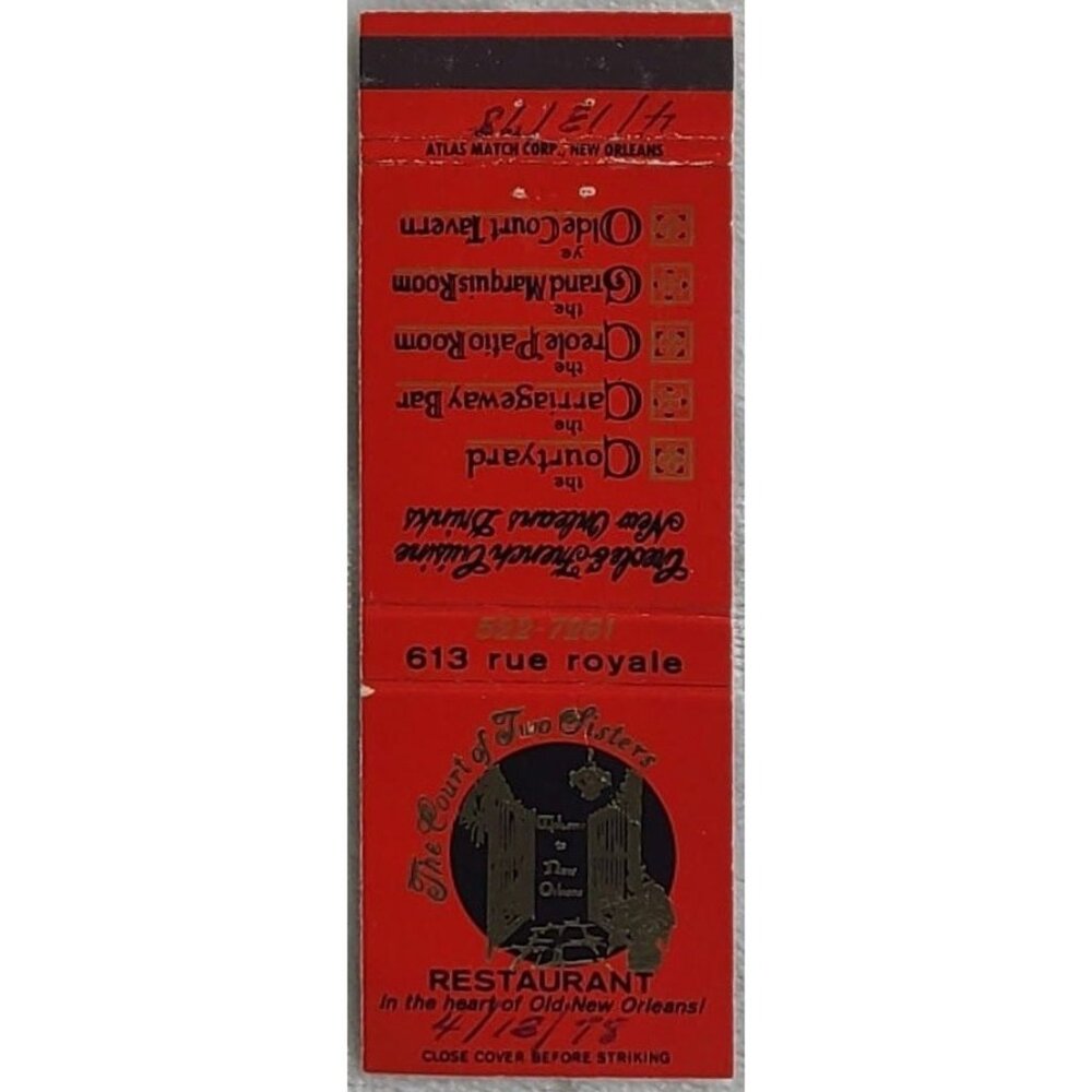 Vintage Matchbook Cover The Court of Two Sisters Restaurant New Orleans LA